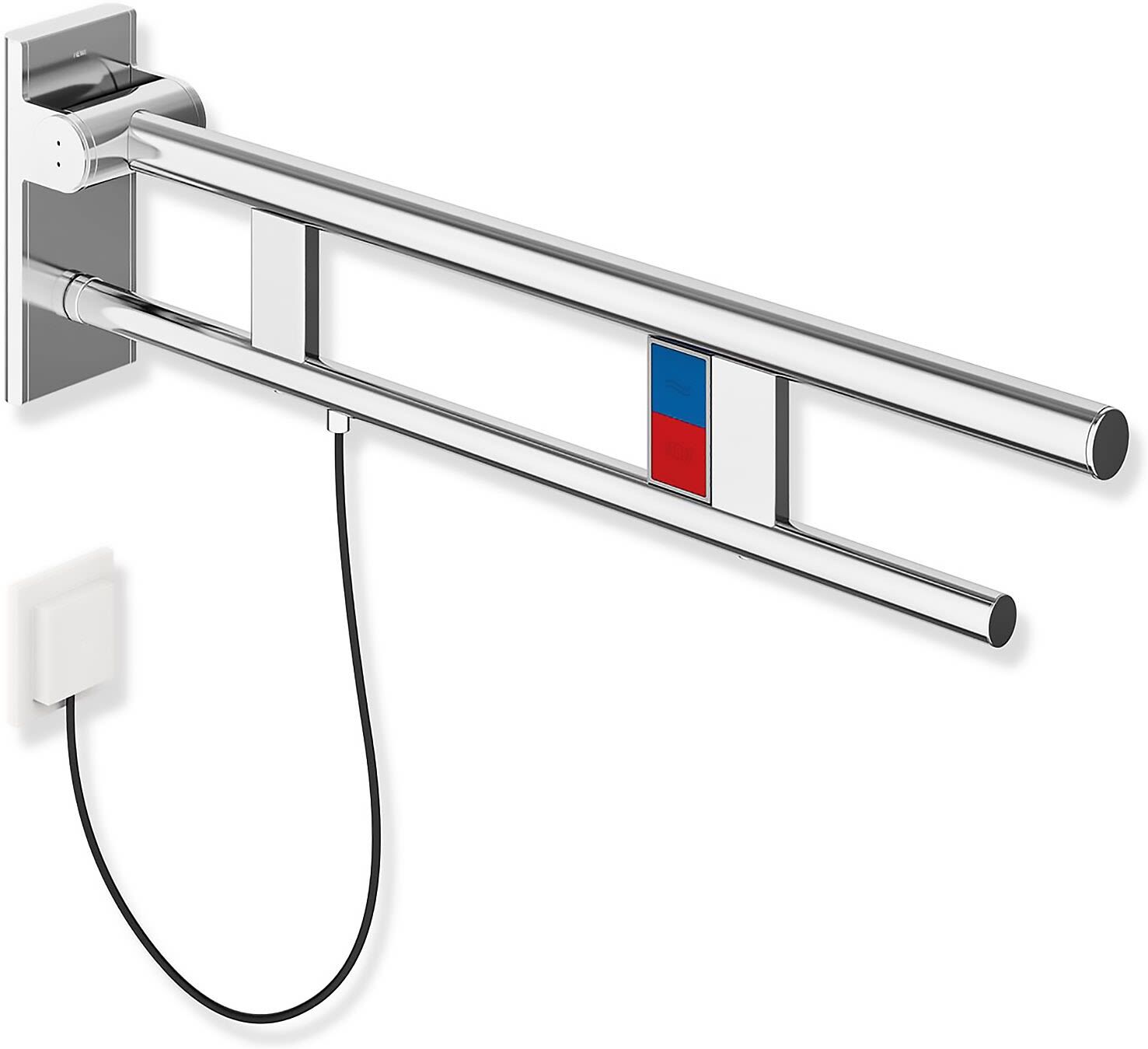 HEWI System 900 Stützklappgriff Duo Design A mit 2 Funktionstasten (E-Ausführung), rechts 85 cm, Accessoires, 900.50.15640, edelstahl verchromt - Ausladung 85 cm - edelstahl verchromt