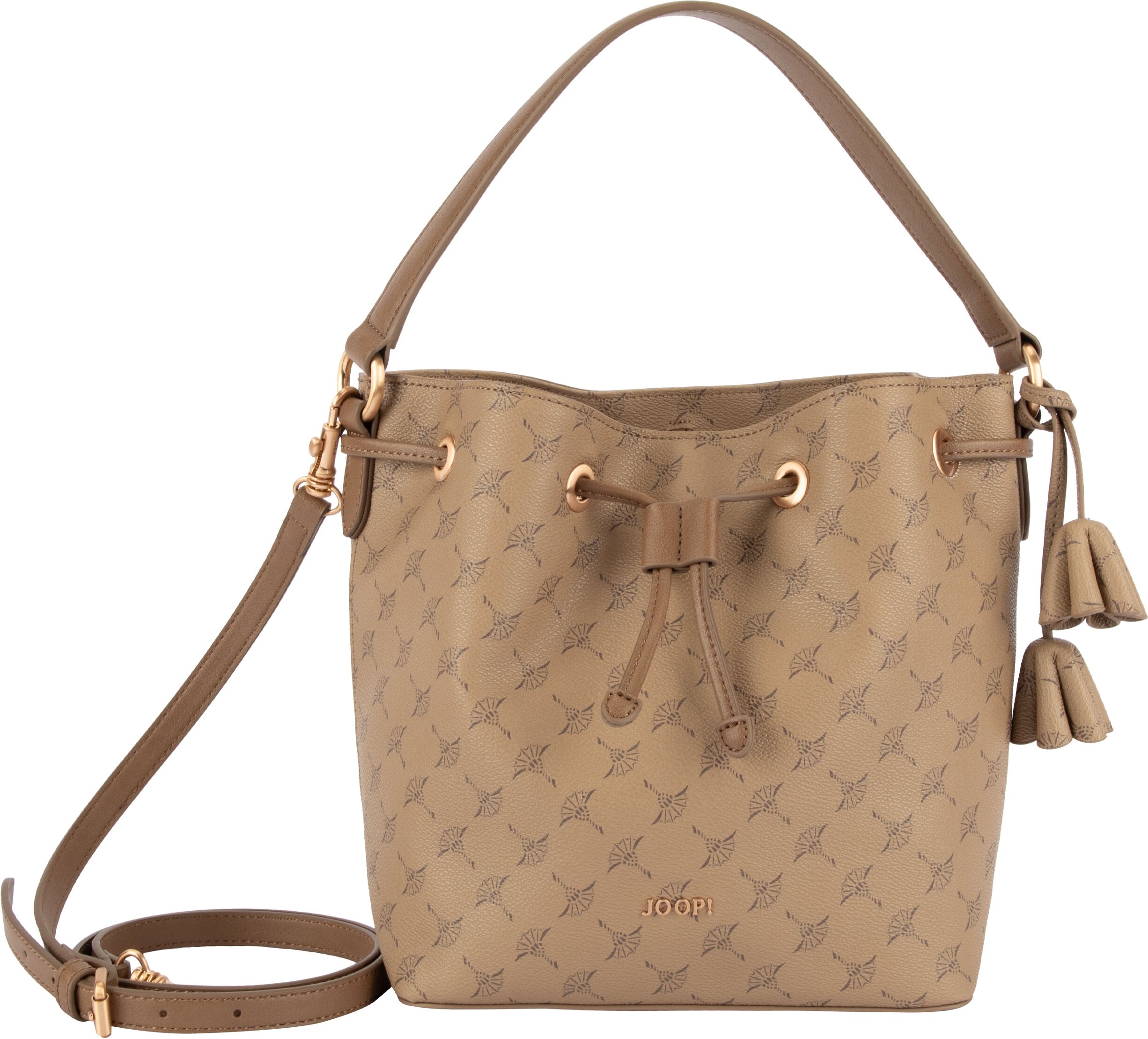 Joop! Handtasche JOOP "flora 1.0 matchsack svo", Damen, Gr. B/H/T: 21,5cm x 23,5cm x 14cm, beige (portabella), Lederimitat, Taschen Handtasche, Damen Tragetasche, Umhängetasche, Schultertasche mit Zugband portabella B/H/T: 21,5cm x 23,5cm x 14cm
