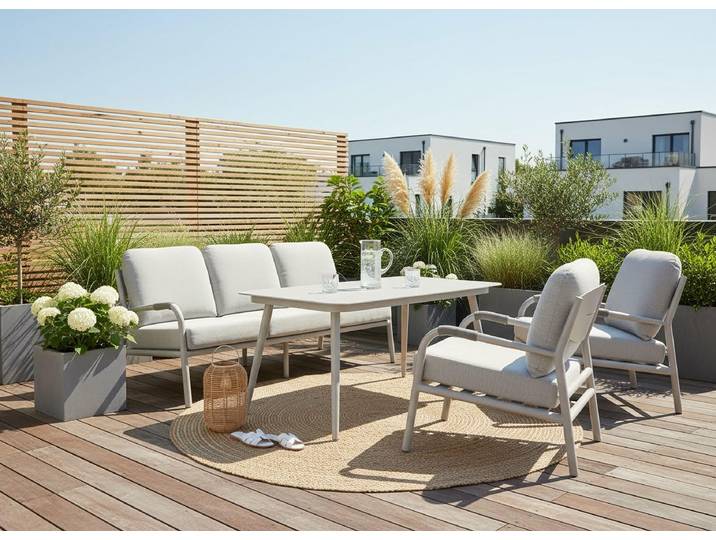 Gartenlounge-Set KONIFERA Fernando , grau (beige, beige), Aluminium, Wicker/Kunststoffgeflecht, Sitzmöbel-Sets, Gartenlounge-Set, bestehend aus 2 Sesseln, 1 Sofa, 1 Tisch und Sitzauflagen