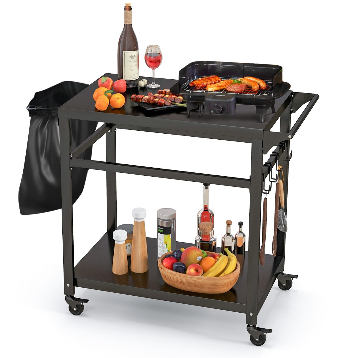 Costway Buitenbarbecue trolley met dubbele planken en 4 vergrendelbare wielen, zwart