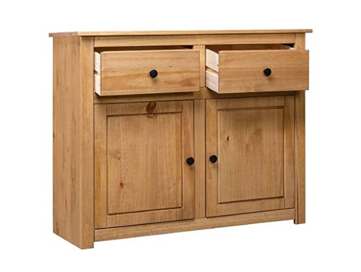 KTHLBRH Sideboard 93 x 40 x 80 cm Massivholz Kiefer Farbe Natur 2 Schubladen mit 2 Türen, rustikal, elegant, glänzend, lackiert, für Zeitschriften, Bücher
