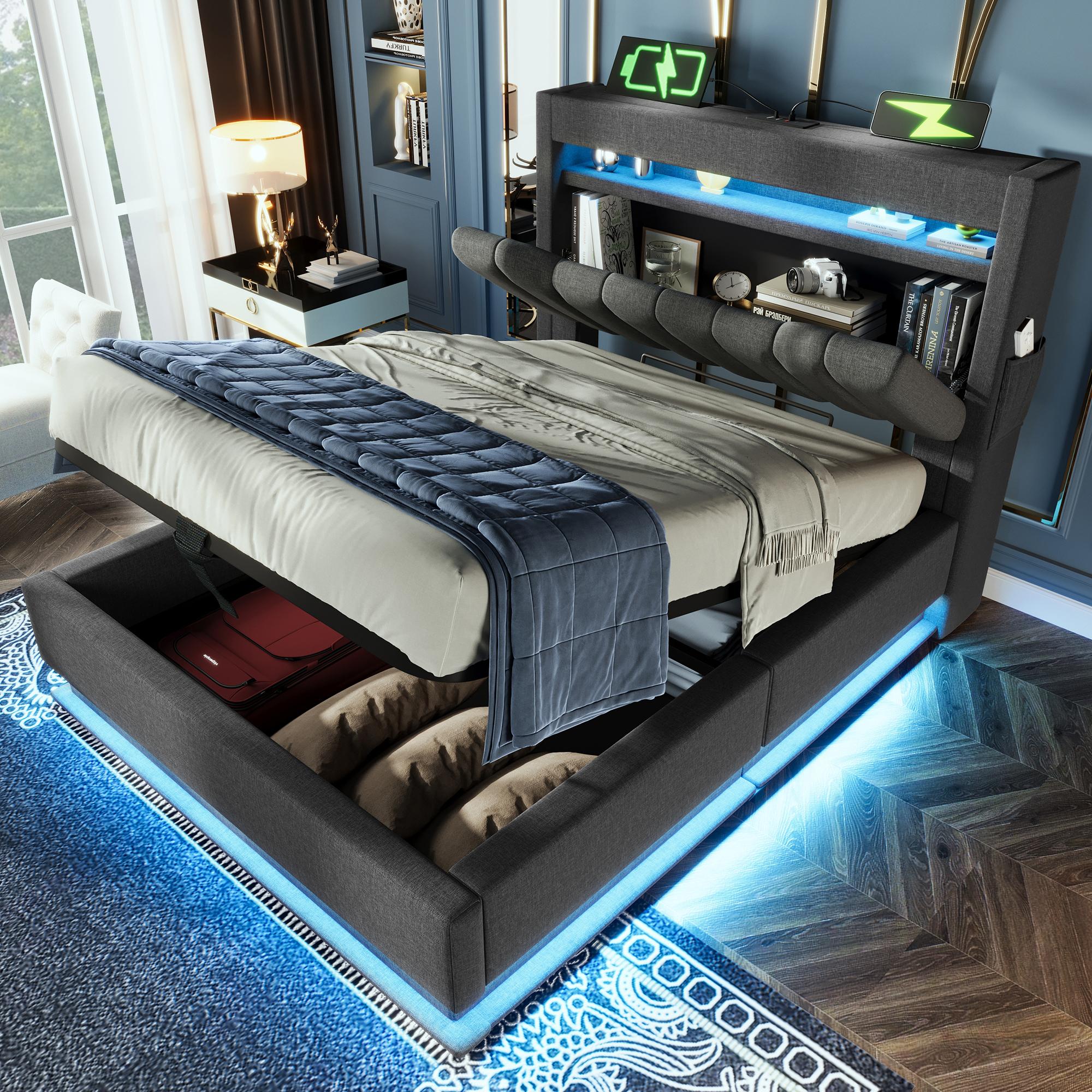 90x200cm Polsterbett Einzelbett, Stauraum-Kopfteil mit USB- und Typ-C-Anschlüssen, LED-Beleuchtung am Kopf- und Fußende des Bettes