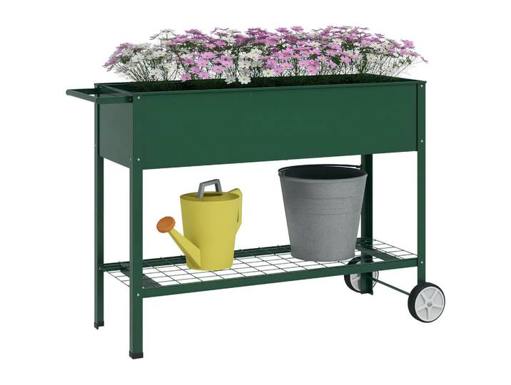 ComfortXL Hochbeet De-07748 mit Ablage & Rollen Grün, Metall, 109x80x44 cm, Gartenzubehör, Hochbeete