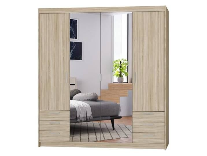 AXLIVING Kleiderschrank mit Spiegel Sonoma Eiche Storicos 4D6S 176,3 Rechte Türen: Vier Fächer. Laminierte Platten. Sicherheit: Anbringung erforderlich (nicht für Gipswände geeignet).