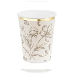 PartyDeco 6 Pappbecher 220ml mit Florale Muster Trinkbecher Set Einwegbecher Pappe Getränkebecher Geburtstag Hochzeit Beige Gold