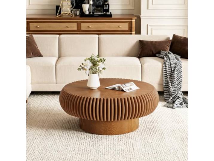 Handgefertigter, runder Couchtisch mit geriffelter Struktur Couchtisch im modernen Farmhouse-Stil, trommelförmiger Holztisch, einfache Montage, stabiler und robuster Standfuß
