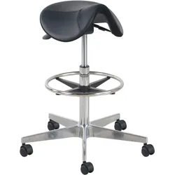 Euroseats Matera Sattelhockersitz aus schwarzem Spaltleder mit Schaumstoffkissen, stufenloser Kippmechanismus, ausgestattet mit gebremsten Rädern