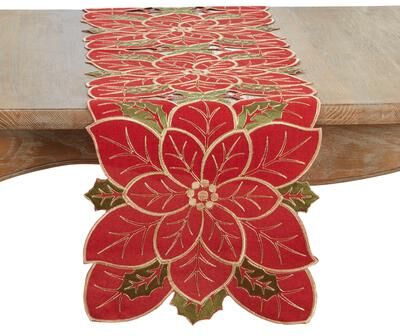 Saro Lifestyle Poinsettia Cutwork Table Runner - Holiday Runner for Christmas Dining, Festive Tablescapes and Seasonal Entertaining