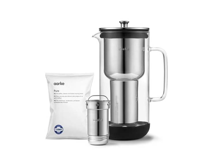 Aarke Purifier\, carafe filtrante 1\,2 L / 5 tasses en verre et acier inoxydable – avec un sac de recharge de filtre Pure