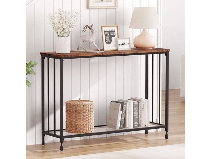 Table console étroite 41 5 po marron rustique cadre métal étagère verre petite table entrée longue derrière canapé