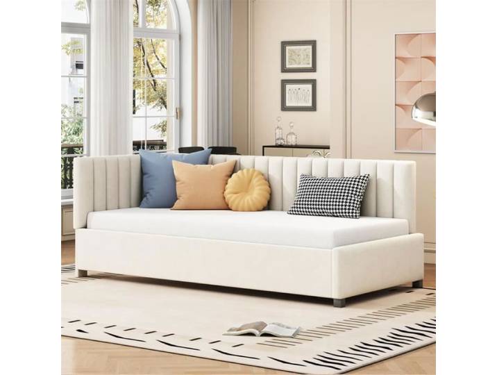 Canapé-lit - DREAMMESPACE - 90x200cm - Tissu velours - Beige - 1 place