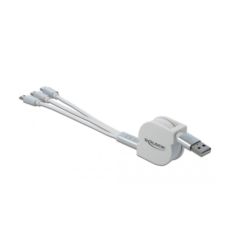 Delock USB 3 in 1 Aufrollladekabel für 8 Pin / Micro USB / USB Type-CÖ, weiss