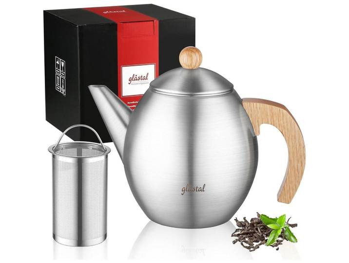 Teekanne Edelstahl 1200ml mit Teesieb doppelwandig, Silberfarben, Metall, 6.3x6.3 cm, Geschirr, Kannen & Karaffen, Teekannen