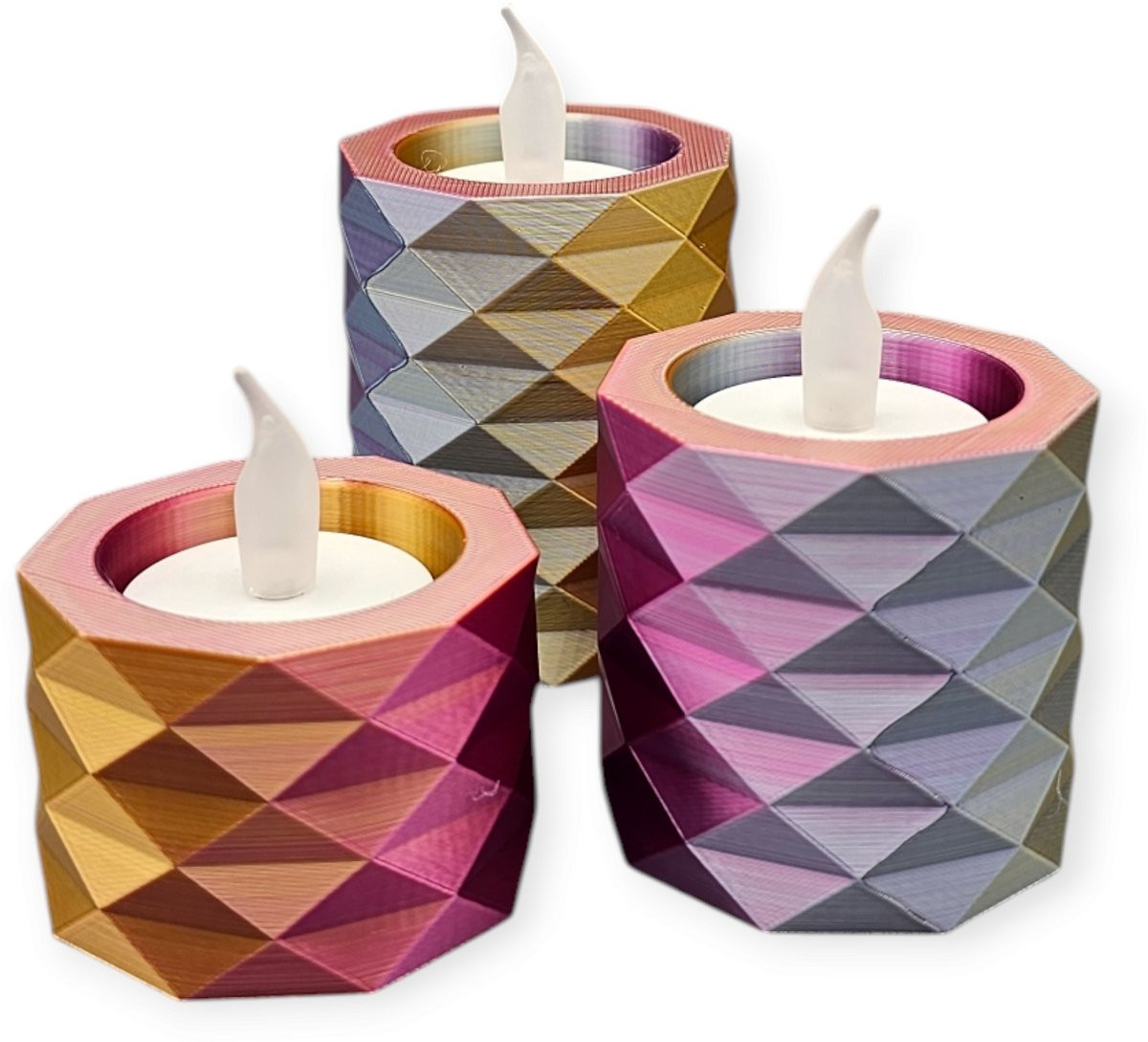 Layerzz Set van 3 3D-geprinte waxinelichthouders met LED-verlichting - Meerkleurig (Goud, Zilver, Roze)