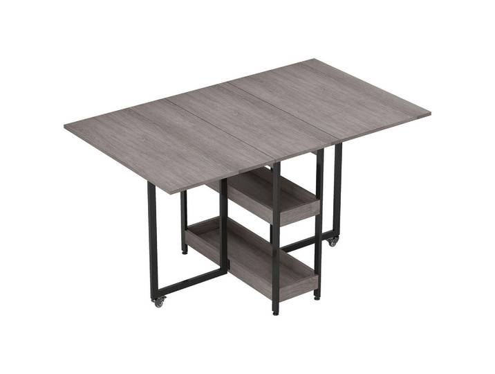 Homcom Esstisch Klappbar Küchentisch für 2-4 Personen mit 2 Offenen Ablagen, Rollen, Grau, Holz, 80x75x133.4 cm, Esszimmer, Esstische