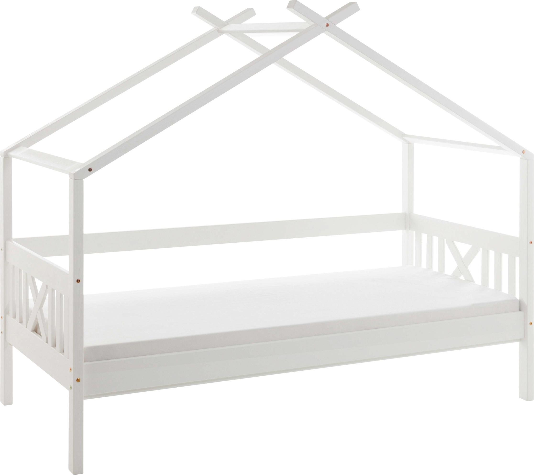 Hausbett SIENA, Holzbett aus teilmassiver Kiefer, Weiß, mit Dach und Rollrost