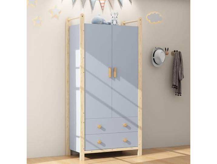 BTM Kleiderschrank 2 Türig mit Schubladen Kinderzimmer Kleiderschrank mit Stange Schlafzimmerschrank Flurgarderobe Blau