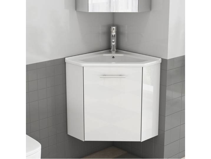 HOMVRA Meuble sous vasque d'angle blanc brillant avec vasque céramique pare-éclaboussures livré monté