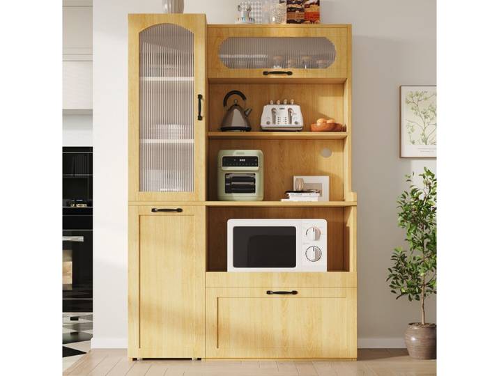Buffet haut de cuisine en MDF aspect bois naturel verre strié tiroir – 98 x 40 x 177 cm