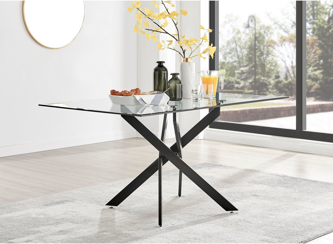 Canora Grey Lenworth Luxury Rectangular Dining Table in Glass and Chrome Metal - Modern Statement Design Black 75H x 150W x 90D