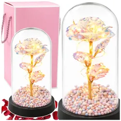 Ewige Rose in einer Glaskuppel mit LED-Kristallbeleuchtung, 21,5 x 11 cm