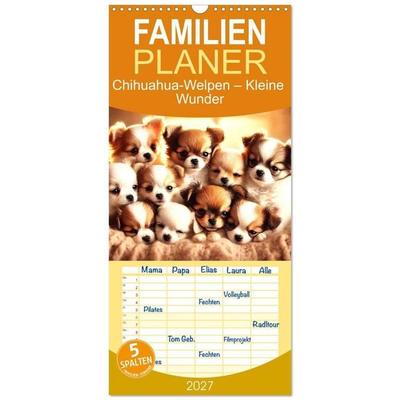 Familienplaner 2027 - Chihuahua-Welpen – Kleine Wunder mit 5 Spalten (Wandkalender, 21 x 45 cm) CALVENDO