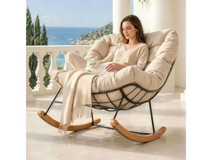 SANODESK Schaukelstuhl mit Kopfstütze & 159 kg Belastbarkeit für Wohnzimmer, Schlafzimmer, Leseecke, Balkon oder Garten, perfekt zum Entspannen, Lesen oder für ruhige Momente (Beige)