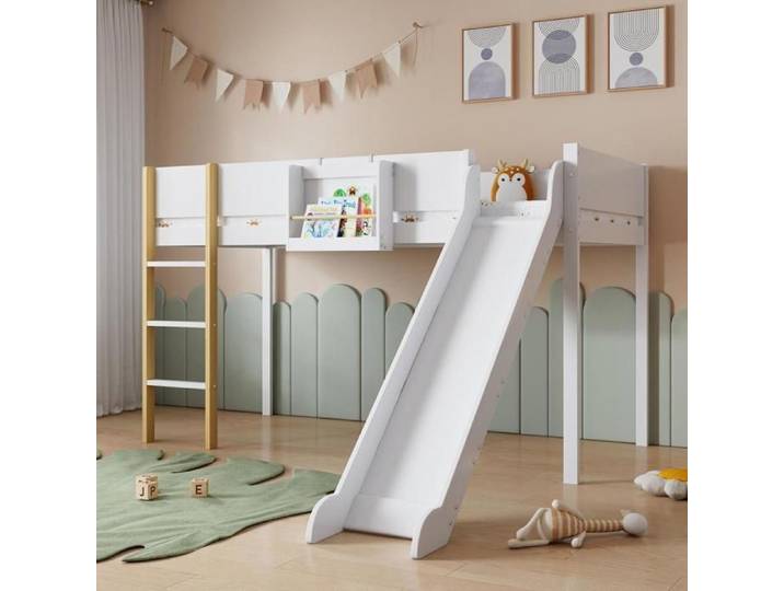 Lit mezzanine - KOMHTOM - Lit mezzanine 90x200 cm - Toboggan - Échelle 3 marches - Blanc