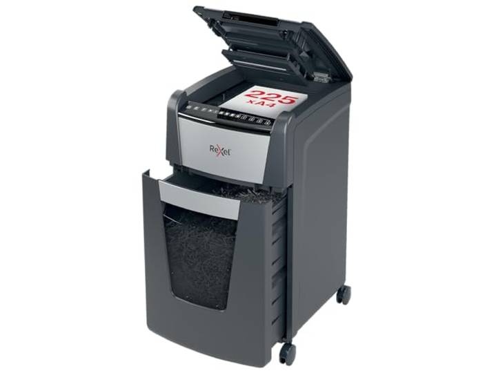 Rexel Optimum Autofeed+ Automatische Papierversnipperaar, Doorvoercapaciteit Van 250 Vellen, Veiligheidsniveau P-4, Voor Voor Thuis/Thuiskantoor, Uitschuifbare Opvangbak Van 60 Liter, Zwenkwielen