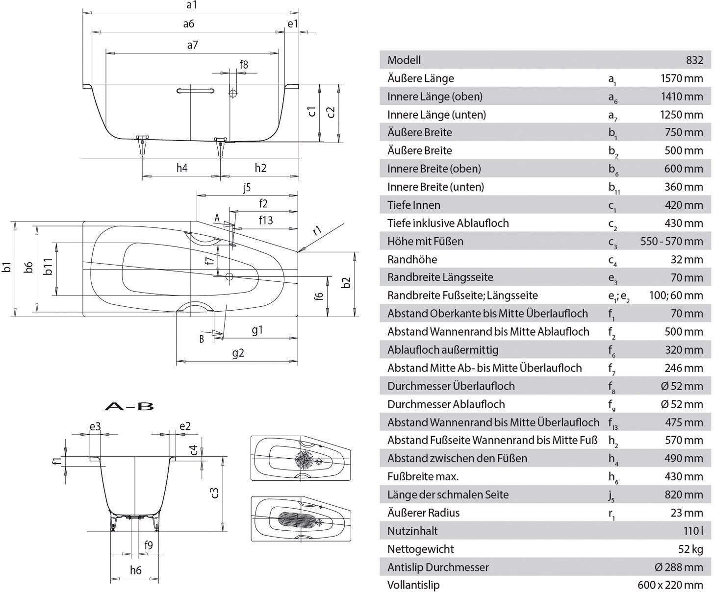 Kaldewei Mini Links 832 Badewanne