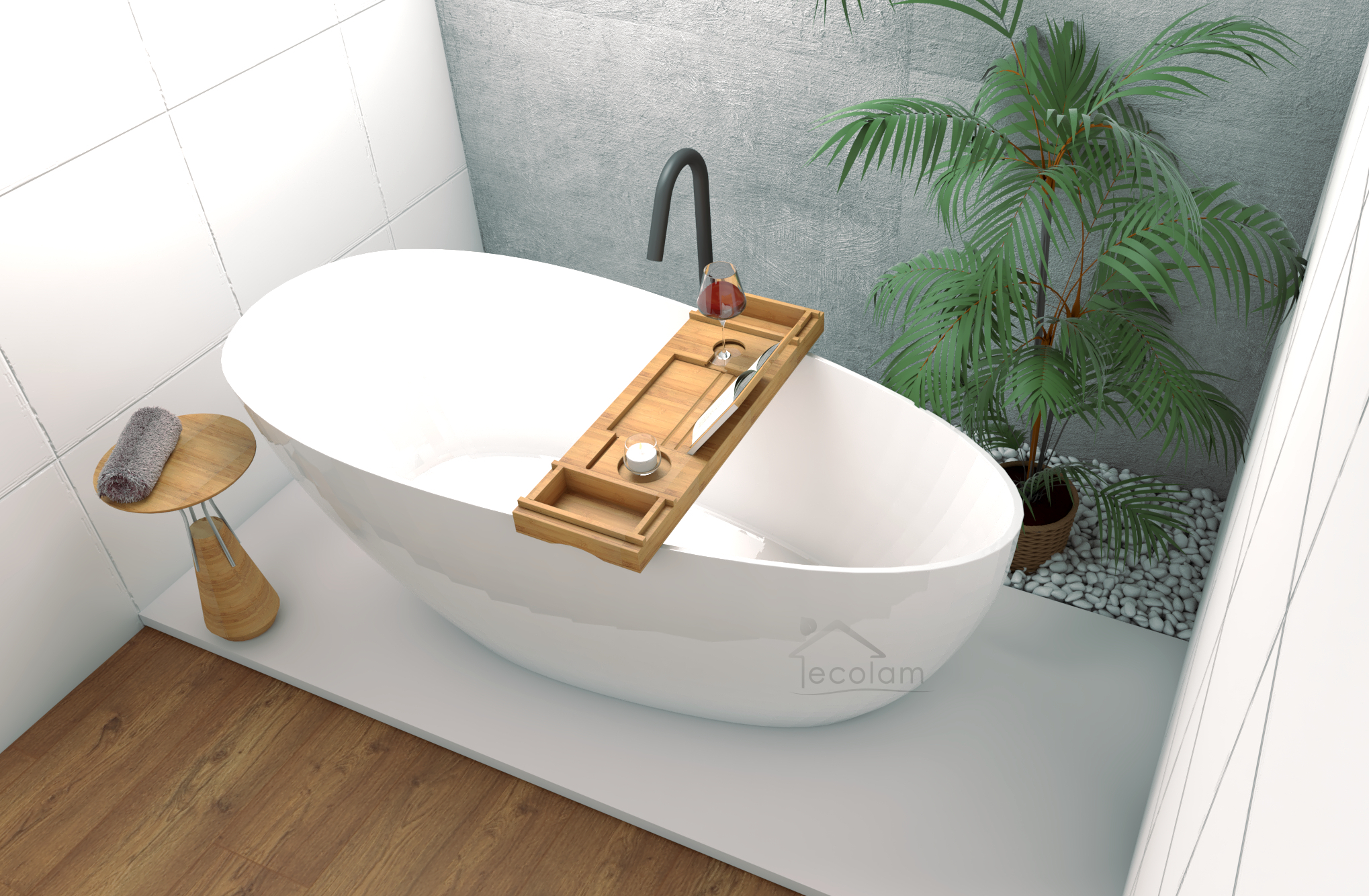 ECOLAM exklusive freistehende Badewanne Standbadewanne Wanne Mineralguss Goya 160x70 cm + Ablage Bambus Ablaufgarnitur Click Clack