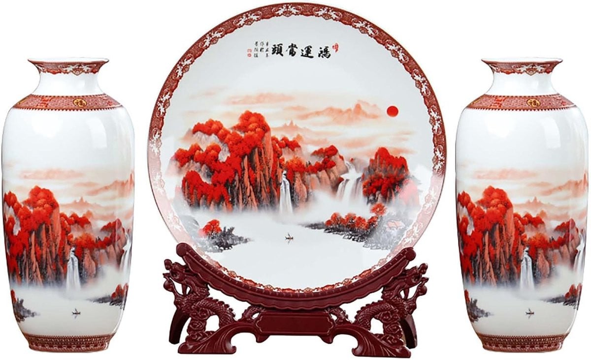 Set van 3 decoratieve vazen in Chinese stijl - Rood, Blauw en Wit