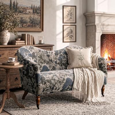 Furniture of America Silvan Traditional Botanical Jacquard Fabric Loveseat with Solid Wood Legs