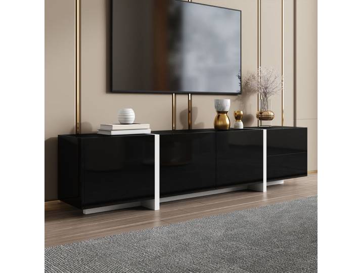 Meuble TV meuble bas trois portes et un tiroir meuble noir brillant avec pieds blancs avec bandeau lumineux LED longueur 170cm