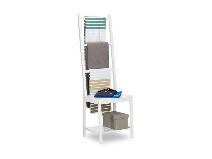 Relaxdays Porte-serviettes Portant Range-Serviettes Bain Valet de Chambre Chaise de Lit SDB Bambou 133x40x42cm Blanc