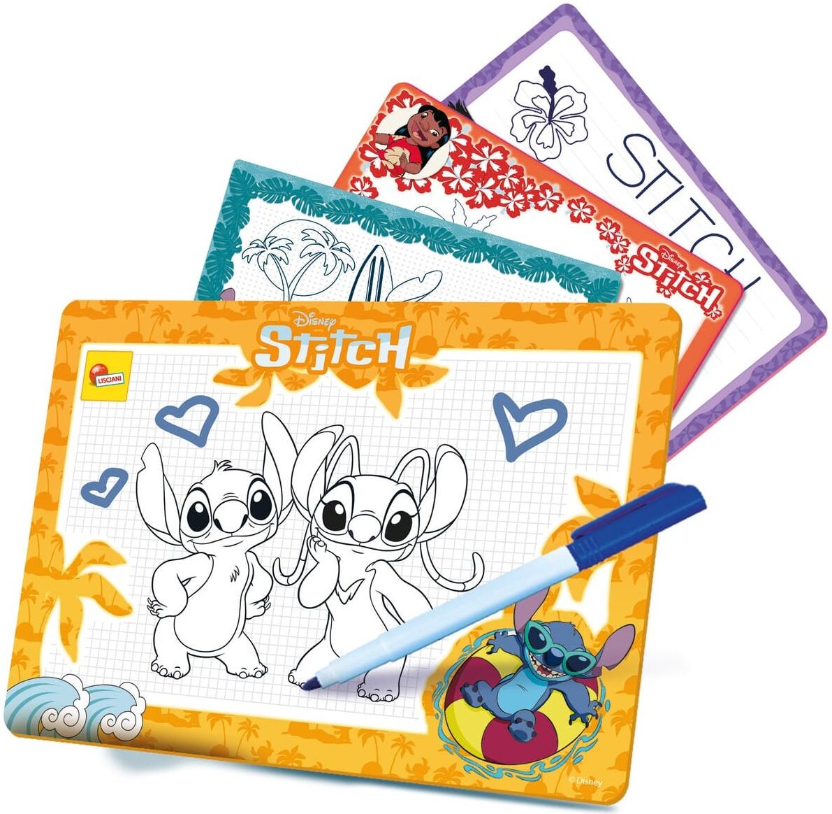 Lisciani Stitch Pocket Drawing School - Portable Stitch Themed Art Kit With 4 Mini Write-And-Wipe Boards for Kids