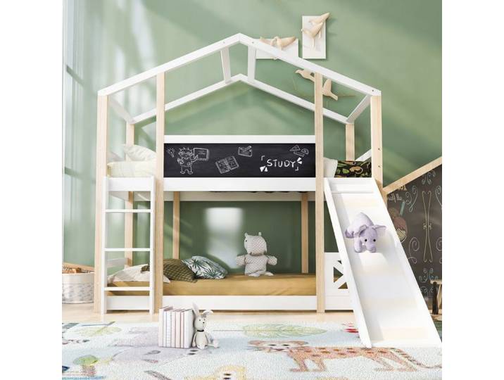 Lit cabane pour enfants avec toboggan et échelle 90x200cm lit superposé pour enfants avec 2 sommiers à lattes bois naturel+blanc