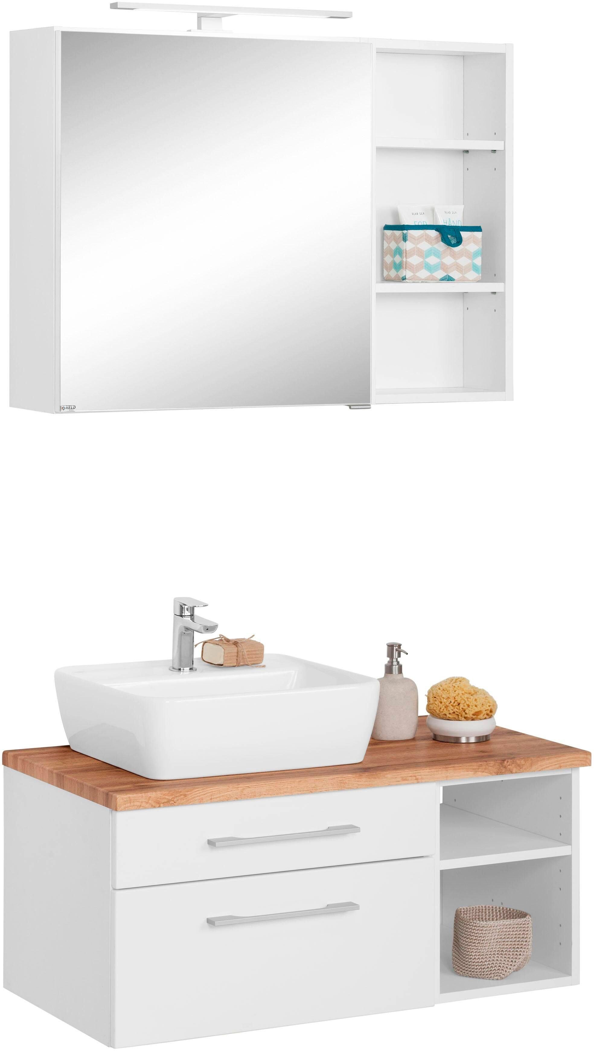 Badmöbel-Set WELLTIME "Davos", weiss (weiß), Becken links, Kastenmöbel-Sets, Badmöbel-Set, Spiegelschrank, Regal und Waschtisch weiß Becken links