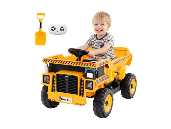 KOMFOTTEU Elektro-Kindertraktor, Belastbarkeit 30 kg, Spielzeugauto mit Anhänger, Hupe, Musik, Geschichte & USB