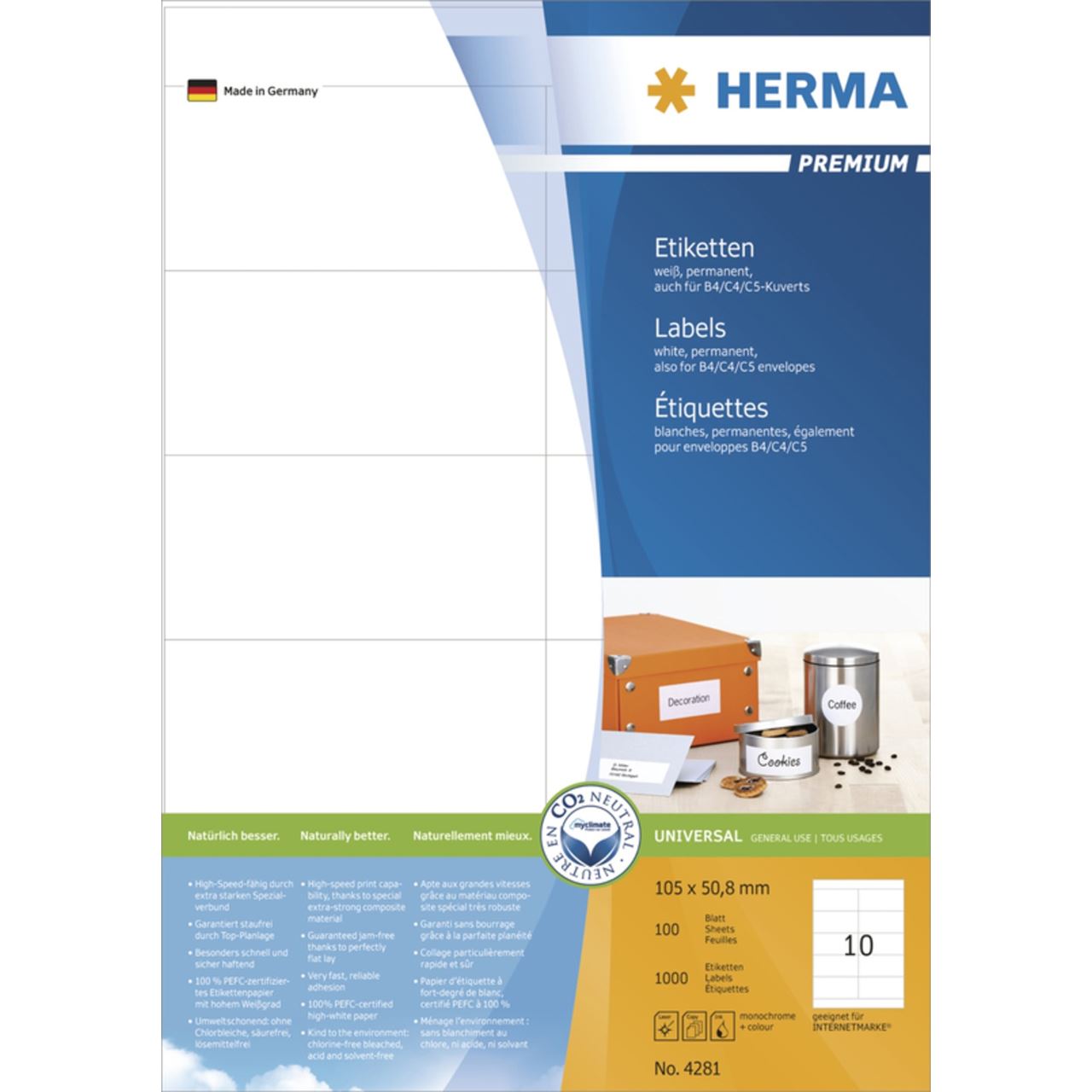 Herma 4281 Premium Universal-Etiketten 10.5x5.08 cm (100 Blatt (1000 Etiketten))