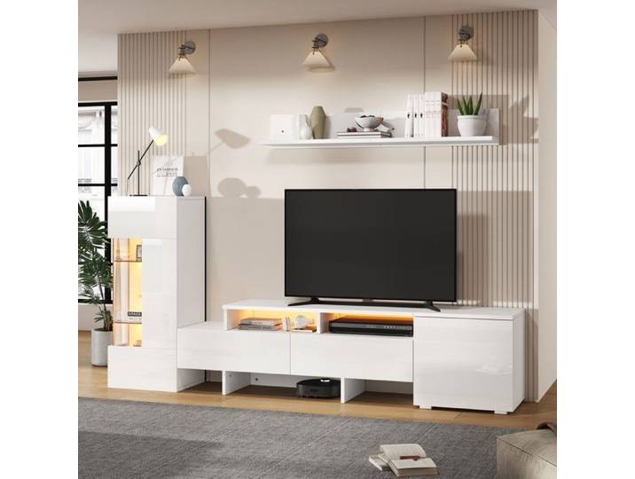 Ensemble meubles TV salon avec meuble TV vitrine et étagère de rangement éclairage LED mobilier blanc laqué haute brillance