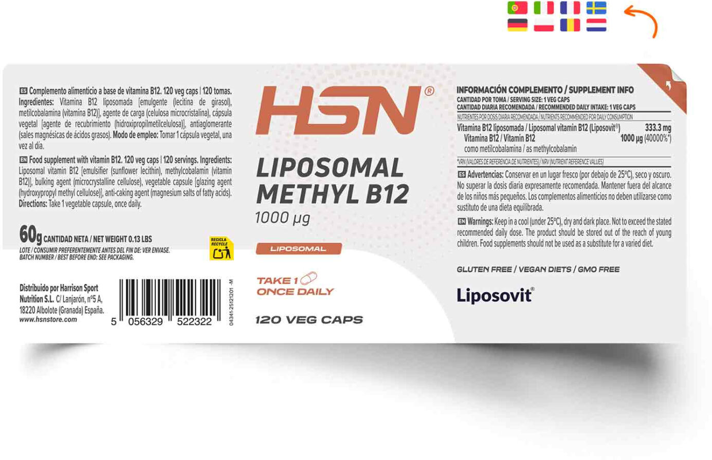HSN Vitamina B12 (metilcobalamina) liposomada (Liposovit®) (1000mcg vitamina B12) - 120 veg caps - Circulación-Corazón - Cápsulas Vegetales - 120  Servicios