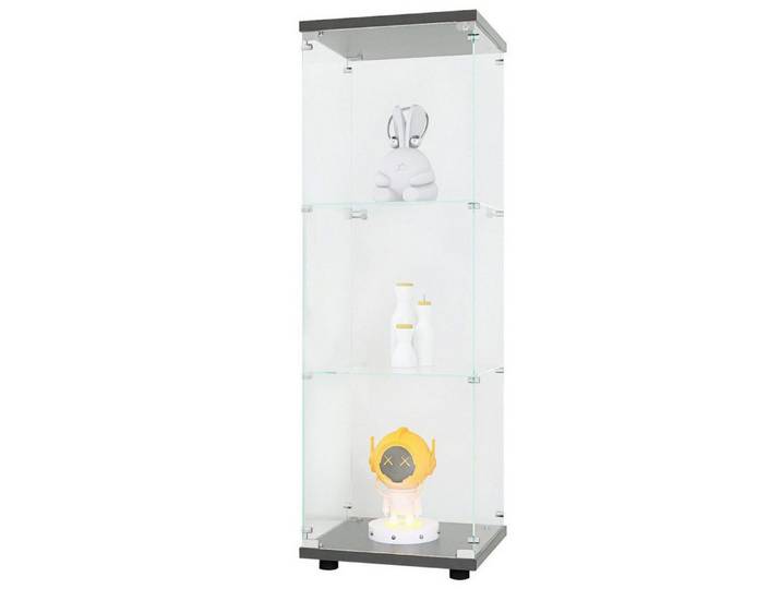 FUROKOY Glasvitrine Standvitrine, Modern Glas Vitrinenschrank (3 Lagen Glasvitrine mit 1 Glastür, Sammlervitrine, für Sammlerstücke Bücher Wein)