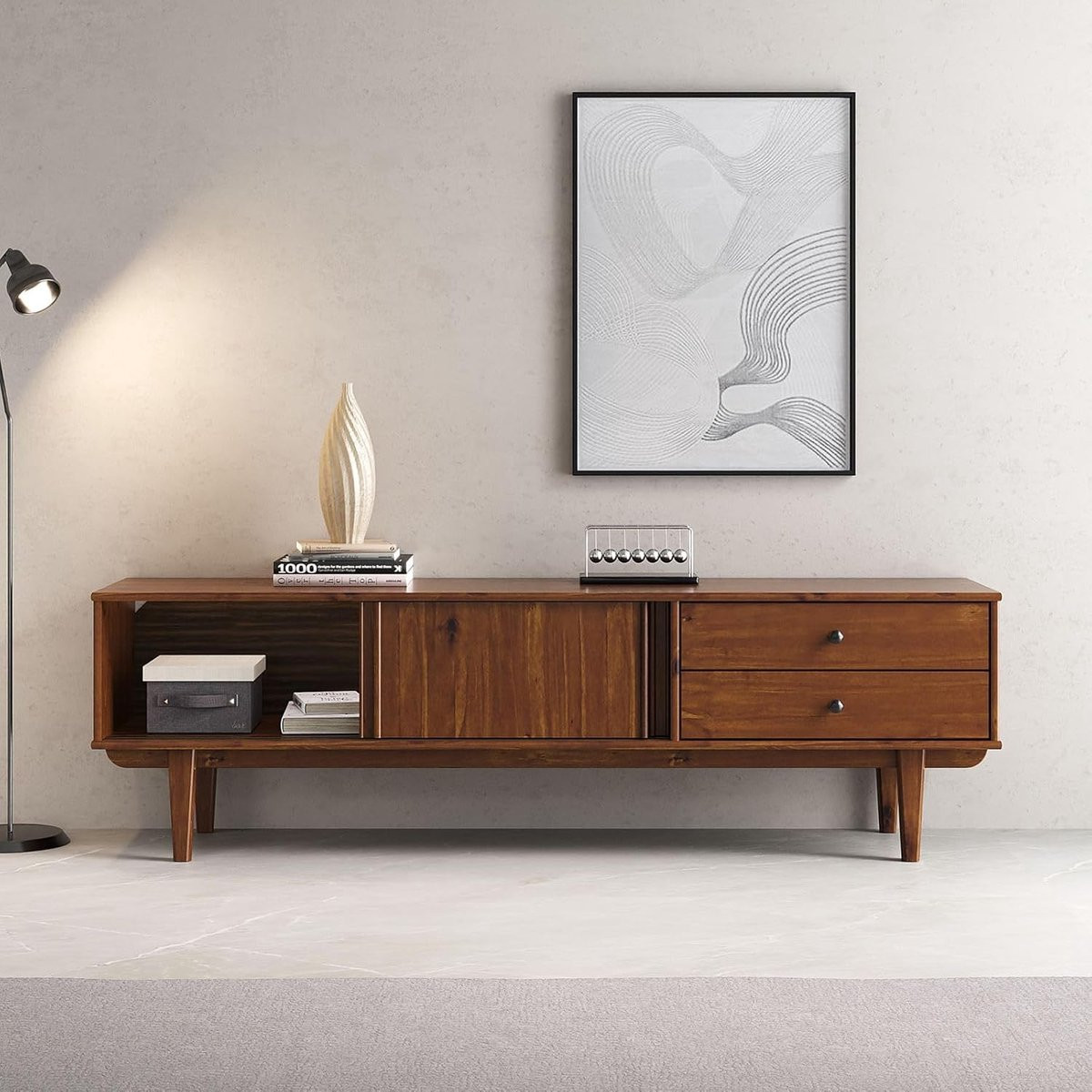 Simona Massief Grenen TV-Meubel Kastanjebruin – Lowboard met 2 Schuifdeuren en 2 Lades in Mid-Century Stijl – B/D/H: 175 x 52 x 41 cm