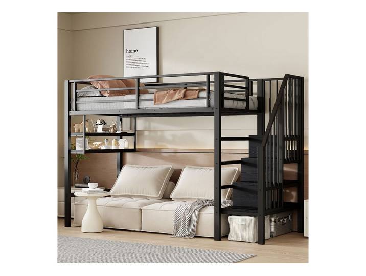 Flieks Hochbett Metallbett 90x200cm mit Einlegeböden und Stauraumtreppe