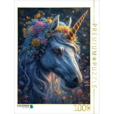 CALVENDO Puzzle Magischer Abendzauber: Ein weißes Einhorn im Blumenkranz unter dem Sternenhimmel | 1000 Teile Lege-Größe 64x48cm Foto-Puzzle für glück