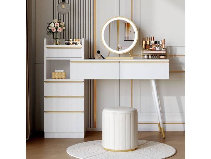 Coiffeuse - Miroir LED - 3 Températures de Couleur - Rangement Multifonctionnel - Blanc