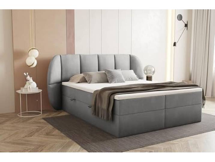 TRADA Boxspringbett 140x200 cm, Bilbao, Grau Elegant Boxsprinbett mit dekoratives Kopfteil, mit Bettkasten und Taschenmatratze
