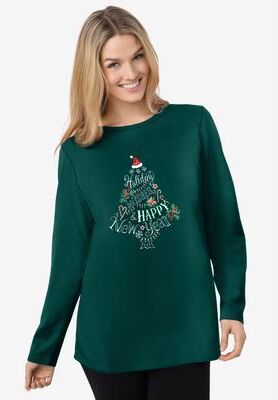 Plus Size Women's Holiday Graphic Tee by Woman Within in Emerald Green Holiday Tree (Size 5X) Shirt