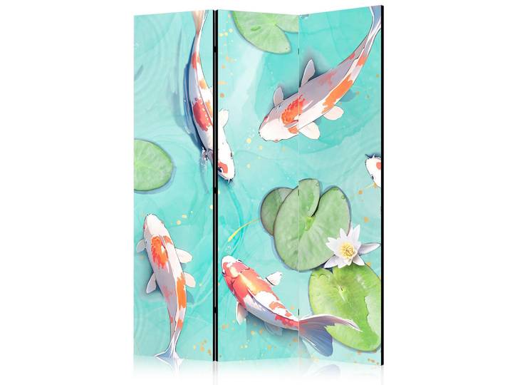 Muralo Paravent Akustik 3-tlg 135x172 cm Kois und Blumen, Mehrfarbig, Holz, Tiere, Rechteckig, 135x172x3 cm, Wohnzimmer, Raumteiler, Paravents
